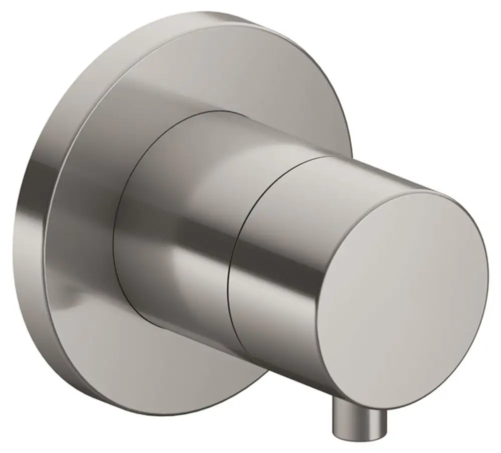 Rundes, gebürstetes Nickel Absperrventil von Keuco, an der Wand montiert, mit einem einfachen Bedienknopf und einer minimalistischen Form.